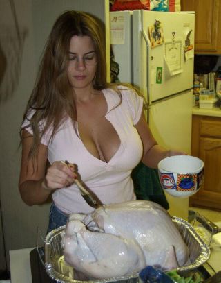 large-breasted beauty buttering a turkey