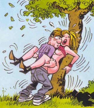 two lovers screwing up against an apple tree