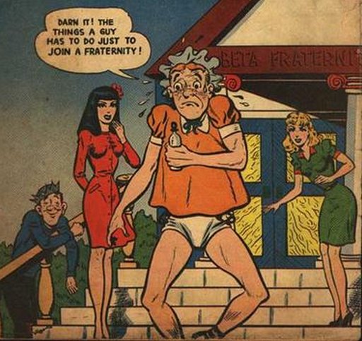 archie dressed as a baby with a pacifier and in diapers while pledging a fraternity