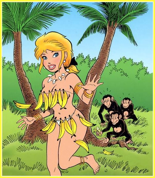 wearing a banana bra and pursued by hungry monkeys