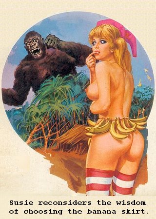 girl meets gorilla while wearing a banana skirt