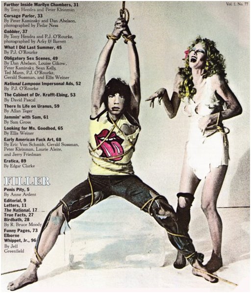 Mick Jagger tied up by Anita Russell in spoof of infamous Black and Blue bondage album billboard