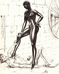 rubber catsuit dominatrix grinds her spike heel into helpless submissive man's chest