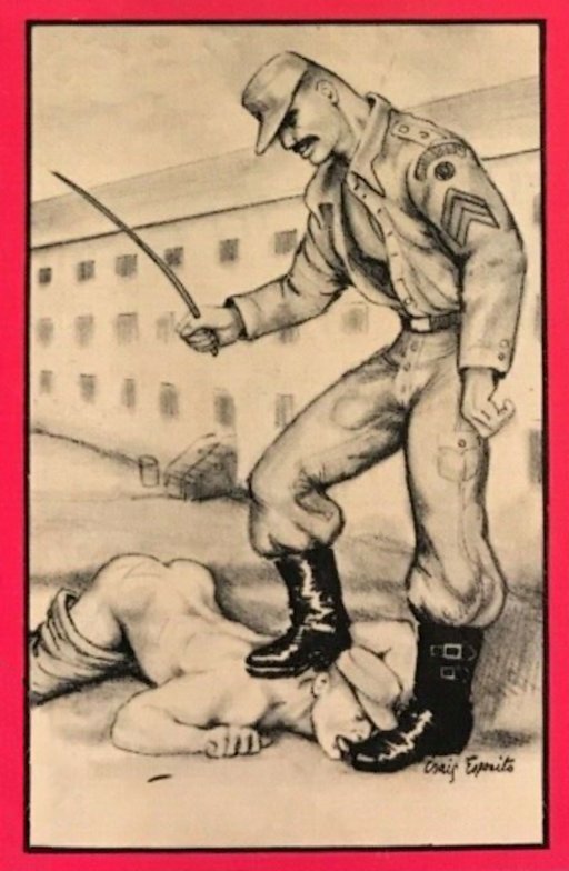 mostly naked recruit licks drill sergeant boots while getting his ass beat with a martinet or riding crop
