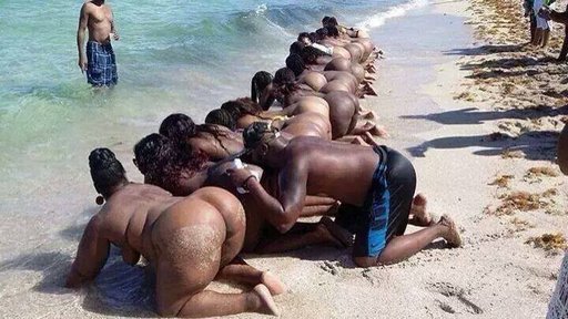 man who appears to be kissing the generous asses of bootilicious women kneeling in the surf