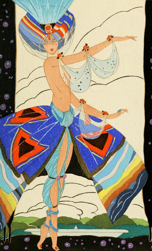 bare breasted dancer with colorful skirts and a transparent veil