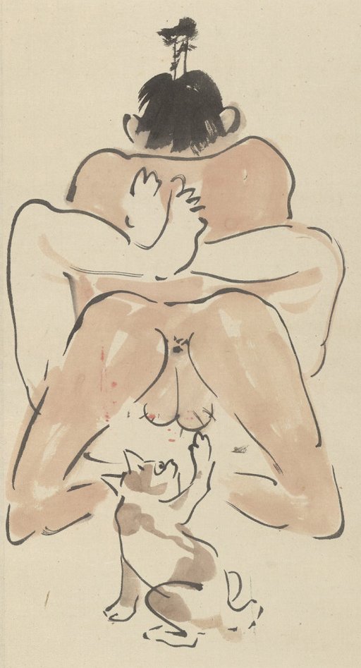 shunga: helpful cat threatens to scratch the hairy balls of a man locked in copulation with an unseen figure (could be gay sex and art is sometimes tagged as homoerotic)