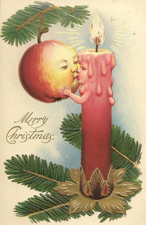 burning candle Christmas tree ornament girl/woman kissing an apple ornament