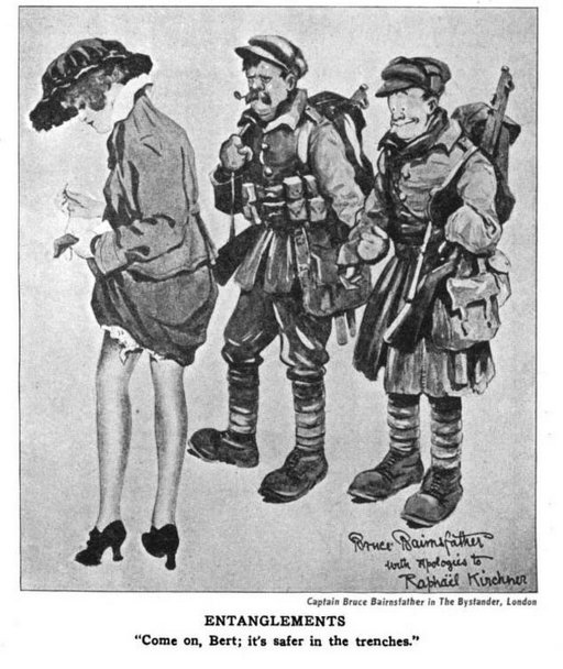 two infantrymen from world war one observing a pretty girl with her skirts hiked up to fix a tear in the hem