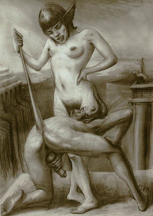 abject cunnilingus devil licks pussy as his femdom Christian warrior woman stands commandingly erect