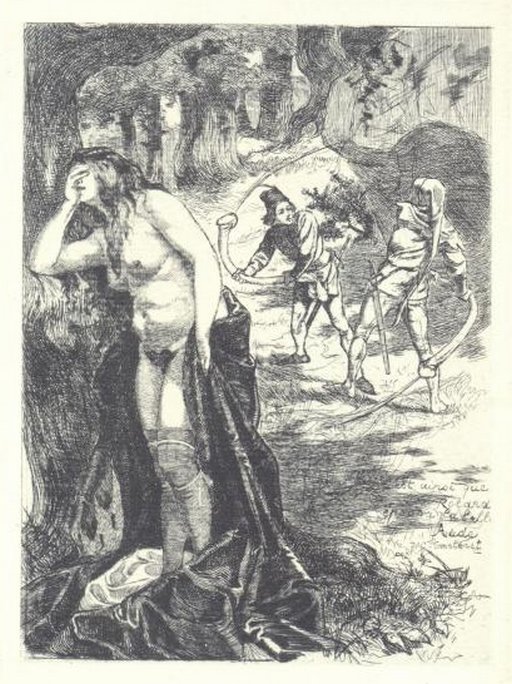 face palm as nude woman in chastity belt watches silly men beat their dicks instead of doing something useful