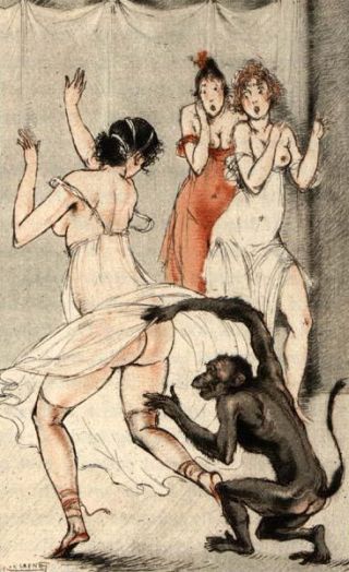 monkey chasing a girl and lifting up her nightie