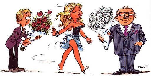 woman spurning roses for a bouquet of cash