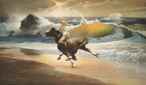 Frank Frazetta had a wife Ellie with an amazing ass who rides a horse on the beach in this Lady Godiva remake artwork