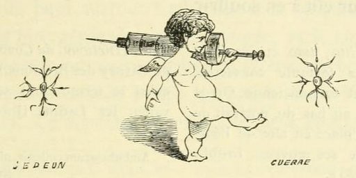 Enema cherub grimly carries his clyster enema syringe toward battle.  Prepare your anus!