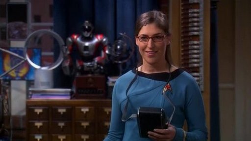 Mayim Bialik as Amy Farrah Fowler in her Star Trek starfleet uniform as she attempts to harvest Sheldon by providing him with perfectly-tailored fetish fuel