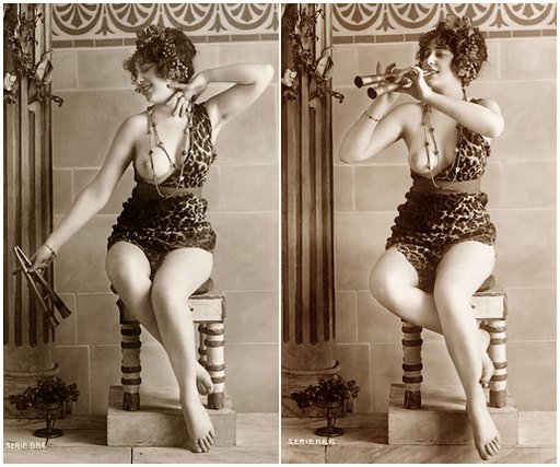 fauness wearing leopard skin leotard that bares one breast, playing pan pipes