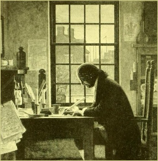 a researcher at his desk -- detail from  Franklin the Editor