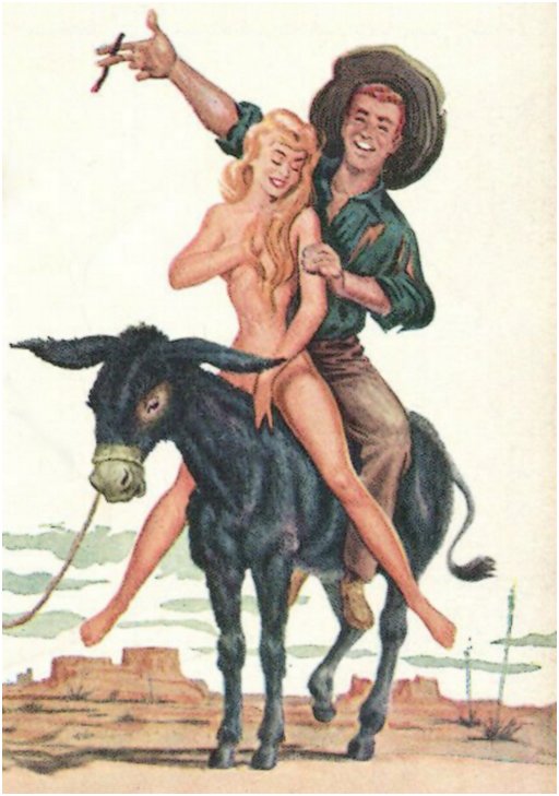 country boy on a donkey with a nude blonde