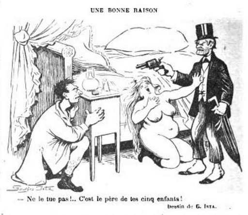 begging her husband not to shoot her lover - adultery cartoon from Le Rire