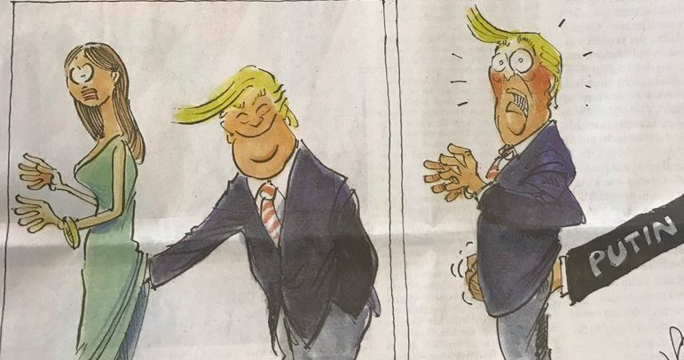 Donald Trump political cartoon grabbing a woman by the pussy and getting his balls grabbed by Putin