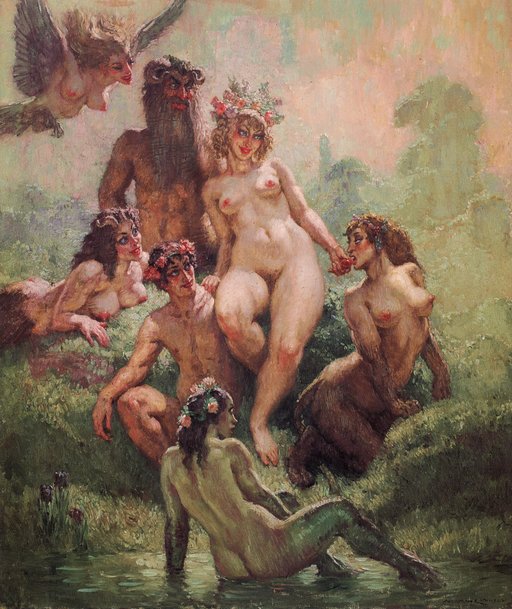nymphs, satires, and a leering harpy watch as Eve feeds some fruit to a nymph while Adam watches