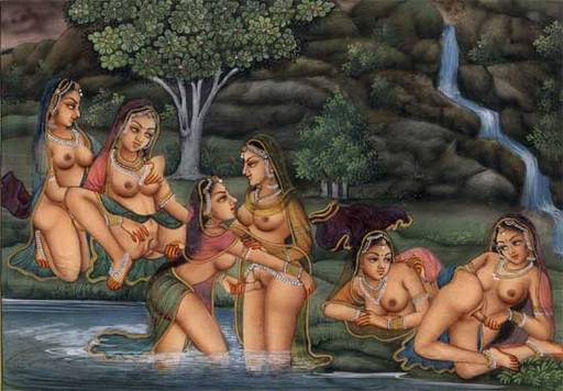 six lesbian women bathing and playing with dildos