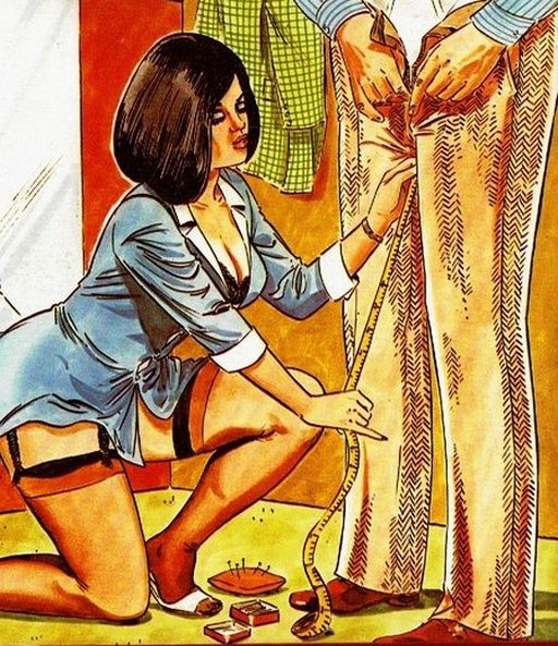 sexy tailor or shop girl kneeling to measure his inseam as he zips up or unzips his pants