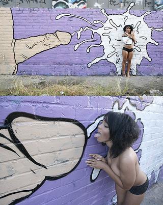 girl lines up for the spooge from an ejaculating graffiti penis, then licks it up