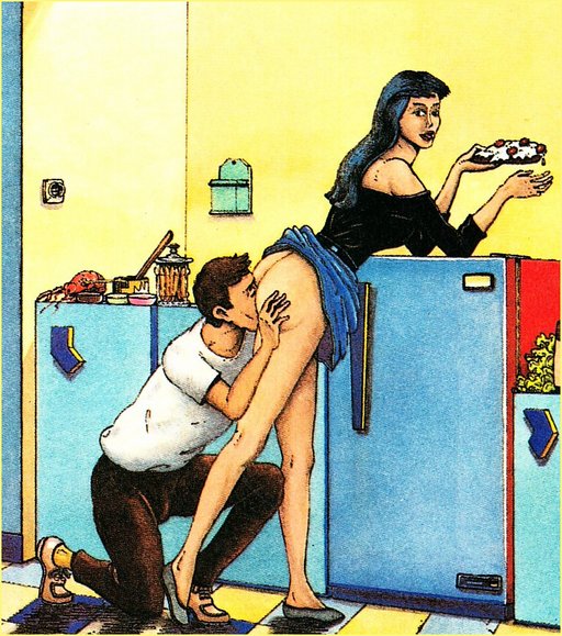 man eating a woman's ass as she eats a slice of pizza or possibly cake