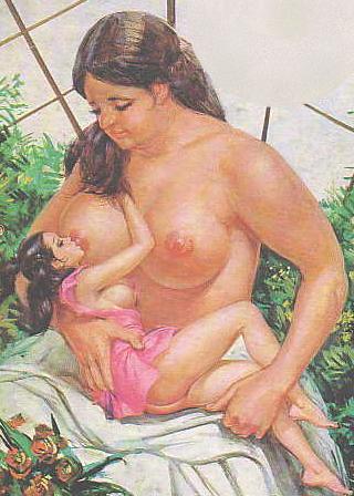 adult woman breastfeeding from a giantess.