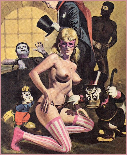 masked topless blonde assaulted by duck, doll, monster, magician, and burglar