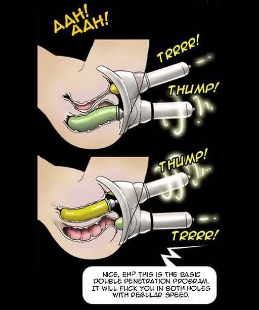 comics panel demonstrating mechafork double penetrating vr dildo 