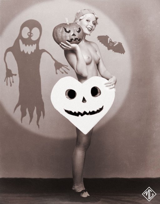 cute flapper nude dancer mugging with a jack-o-lantern pumpkin