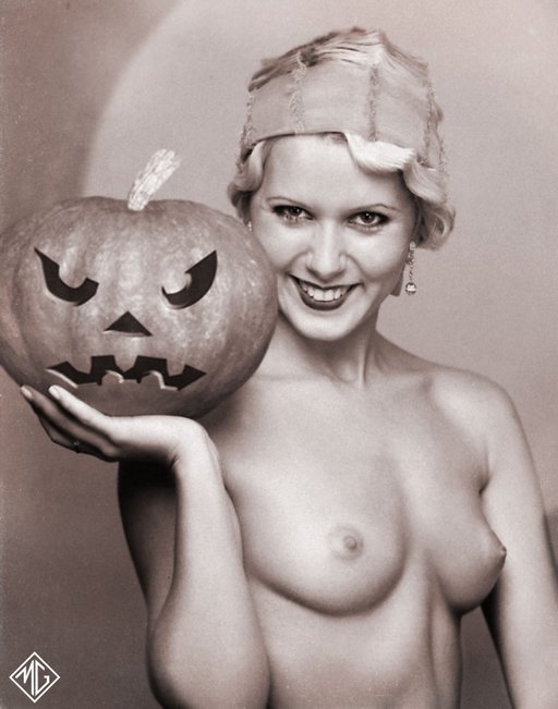 MG Martha's Girls topless flapper fake faux retro postcard erotica nude posing with halloween jack-o-lantern pumpkin