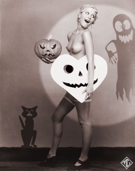 comical burlesque stripper pinup Halloween shadow play with ghost bat pumpkin skeleton black cat and nude naked topless flapper retro blonde cutie