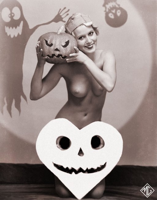 Ukrainian faux fake retro erotica postcards nude flapper posing for Halloween