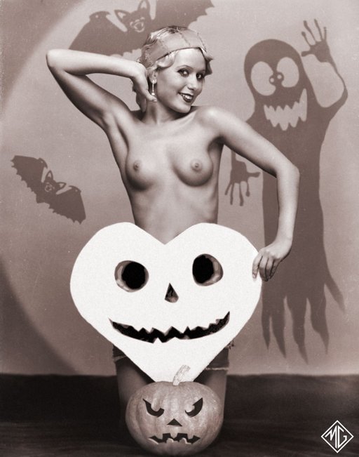 bare tits stripper vintage nudie postcard halloween bats ghosts skeleton burlesque