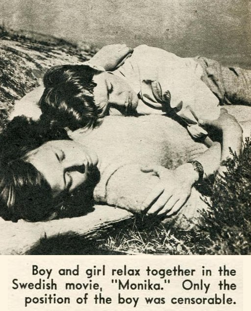 Boy and girl relax together in the  Swedish movie Monika -- only the  position of the boy was censorable