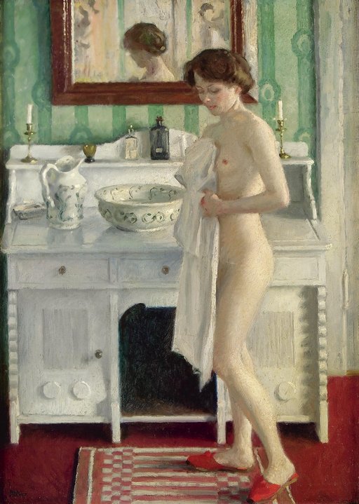 morning toilette nude washing at washstand with basin and mirror