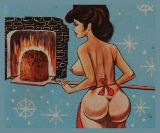 mostly naked baker works a loaf out of a flaming brick oven on a paddle while her bare buns gleam