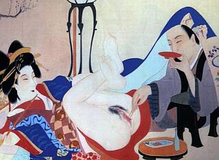 illustration of man eating sushi off a naked woman's private parts