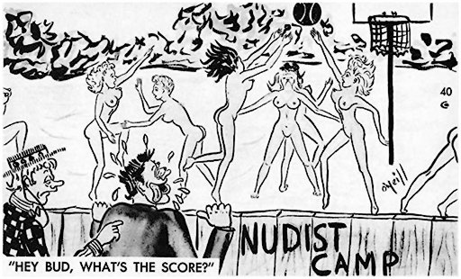 women play basketball at nudist camp while clothed men leer over the fence