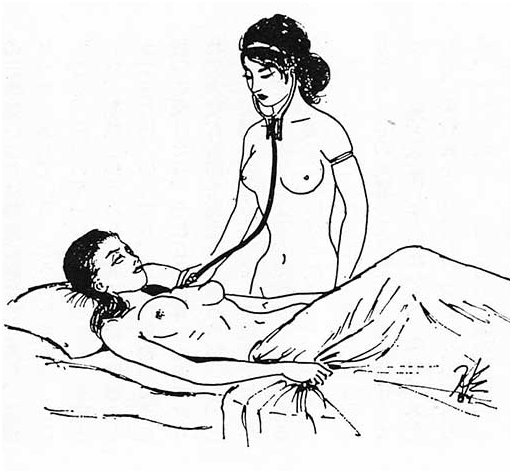 naked nurse examining a nude patient at a nudist clinic