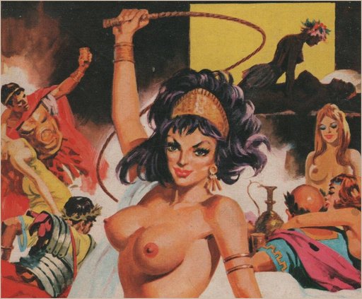 stern taskmistress with a whip at a roman orgy