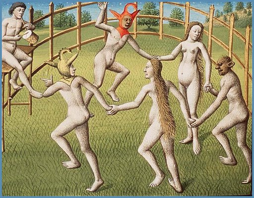 medieval manuscript illuminated nudes dancing and singing and playing instruments