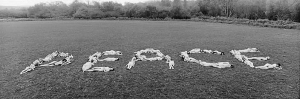 Naked people spell out peace