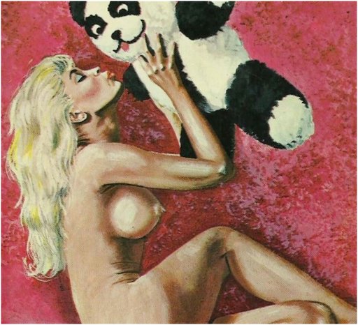 nude woman kissing her stuffed panda bear
