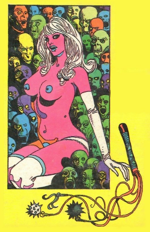 nude woman kneels in psychedelic horror pile of colored skulls