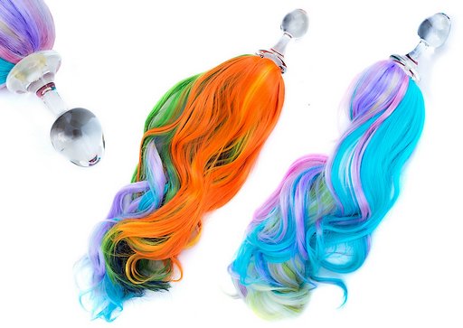 rainbow unicorn horse pony tail butt plugs glass and synthetic horsehair